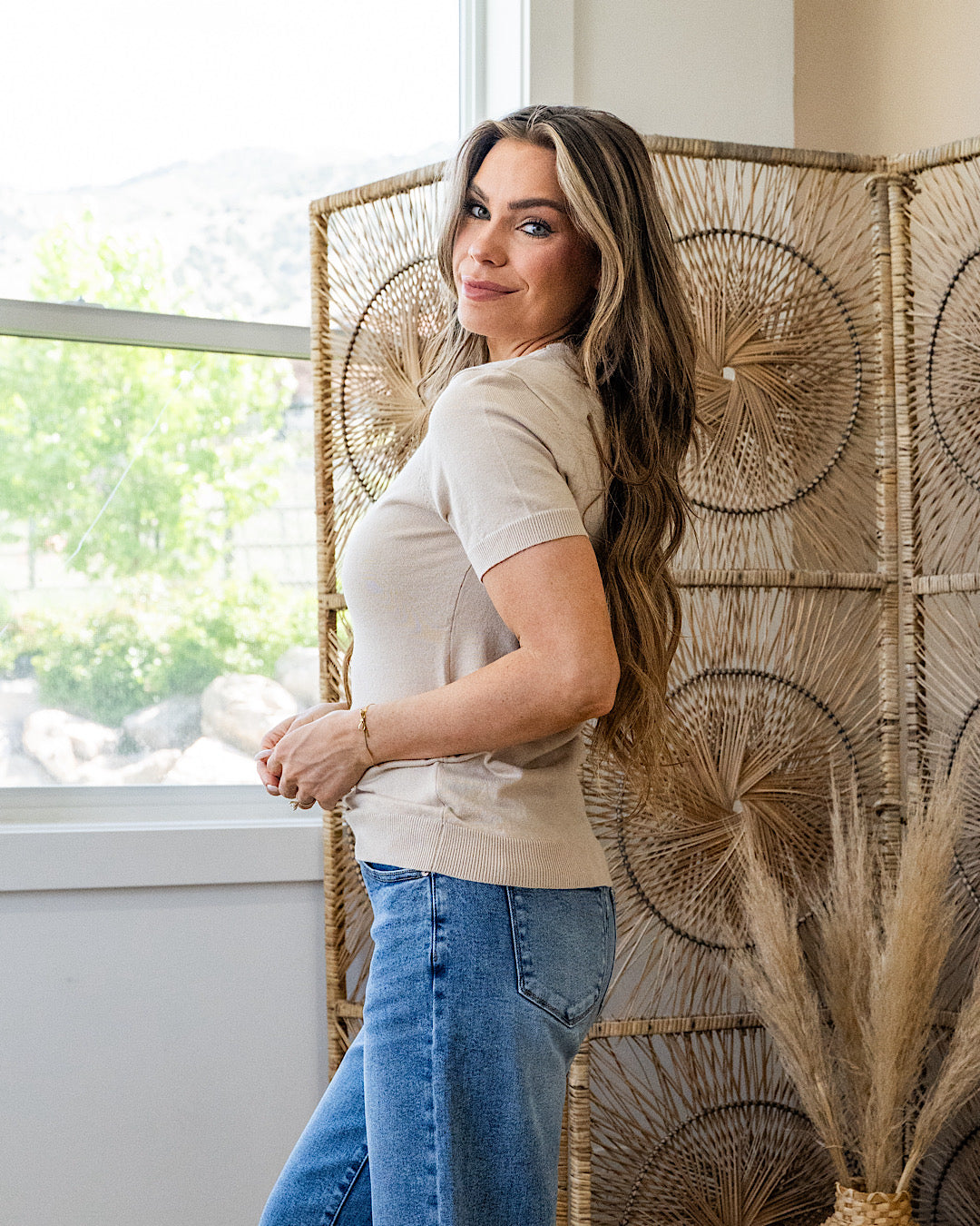 NEW! Larkin Short Sleeve Sweater - Almond Staccato