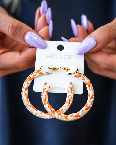 Orange Braided Open Hoop Earrings with Gold Bead Accents  Crystals Trading Inc.   