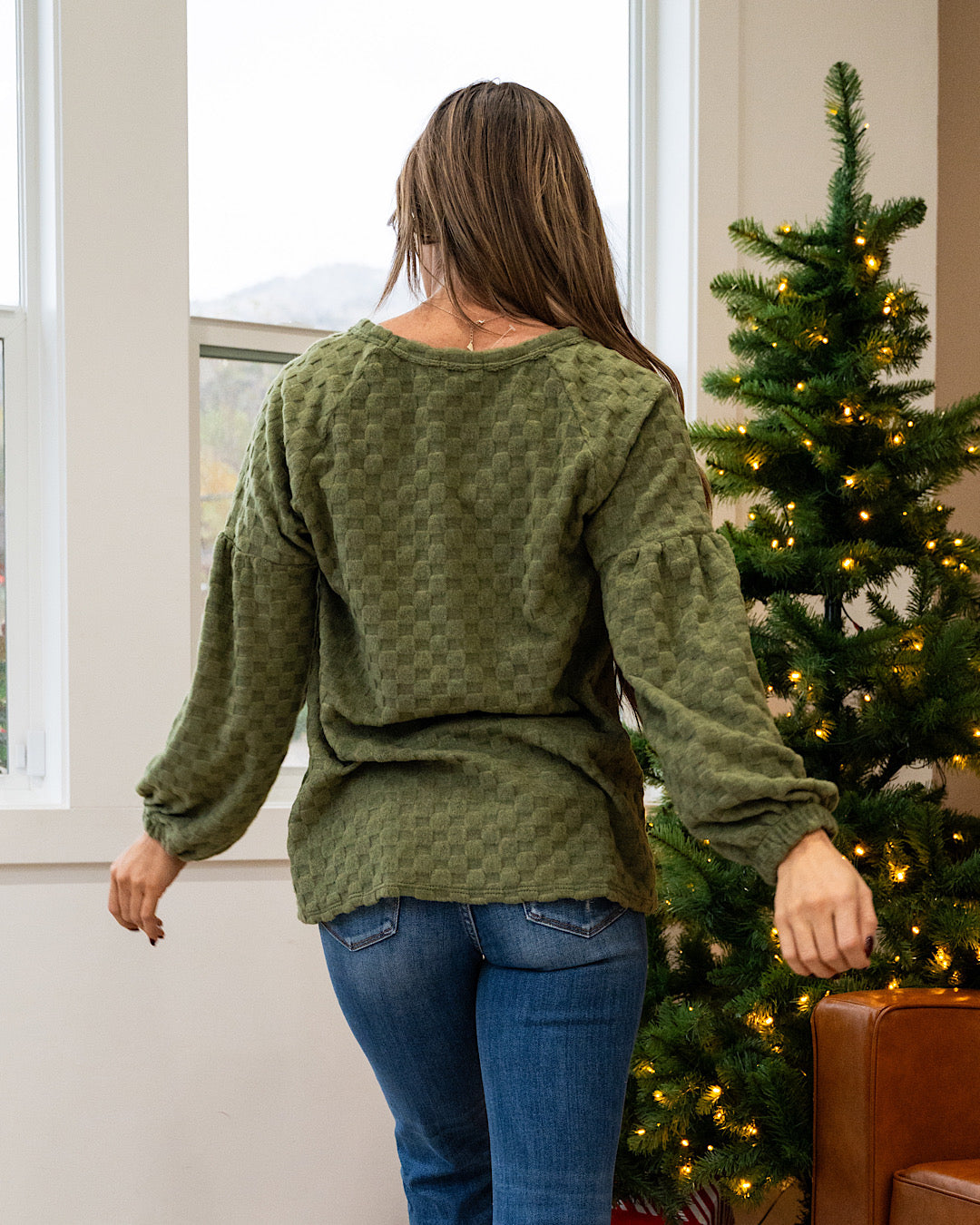 DOORBUSTER! Brushed Checkered Pattern Top - Olive Heimish