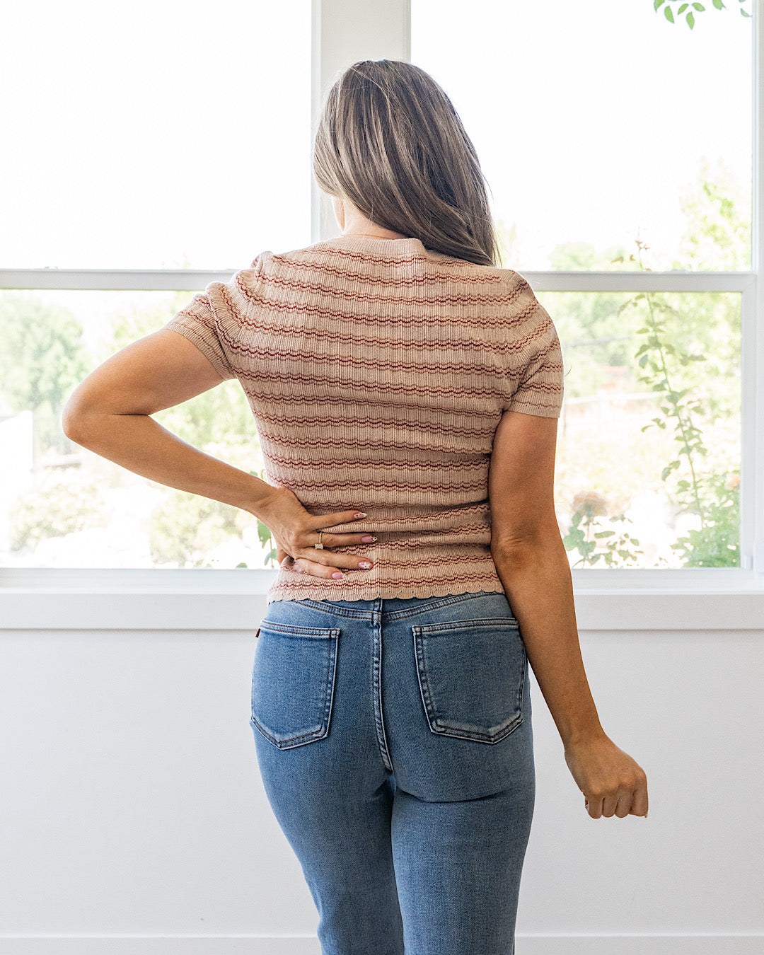 NEW! Wrenley Textured Striped Short Sleeve Sweater - Tan Be Cool