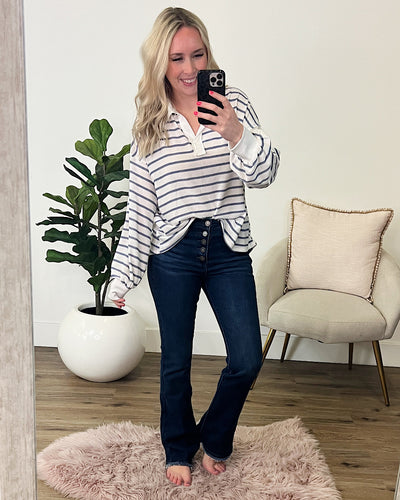 Christine Navy Striped Collared Top  Ces Femme   