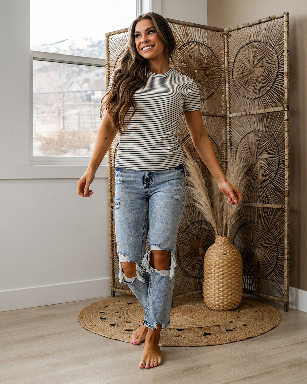 NEW! Shauna Striped Short Sleeve Top - Cream & Black Thread & Supply