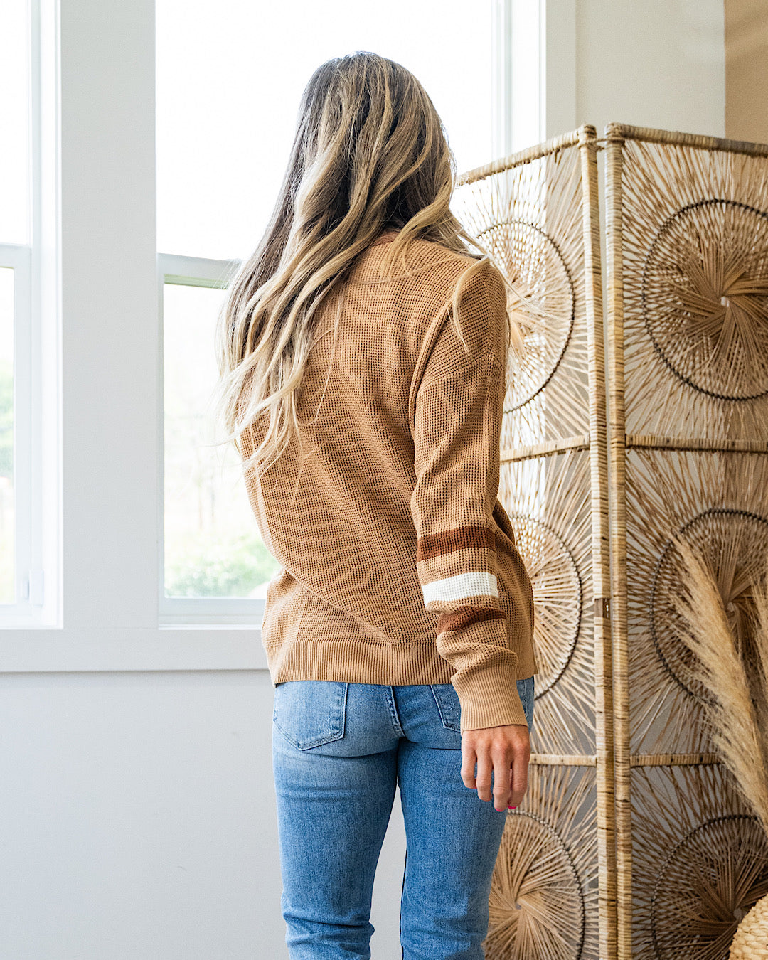 Demi Waffle Knit Henley Sweater - Mocha  Be Cool   