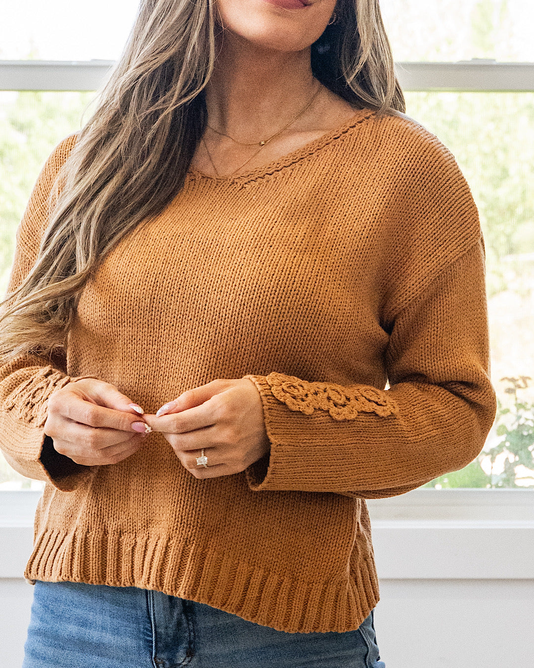 NEW! Ella Crochet Sleeve Sweater - Camel