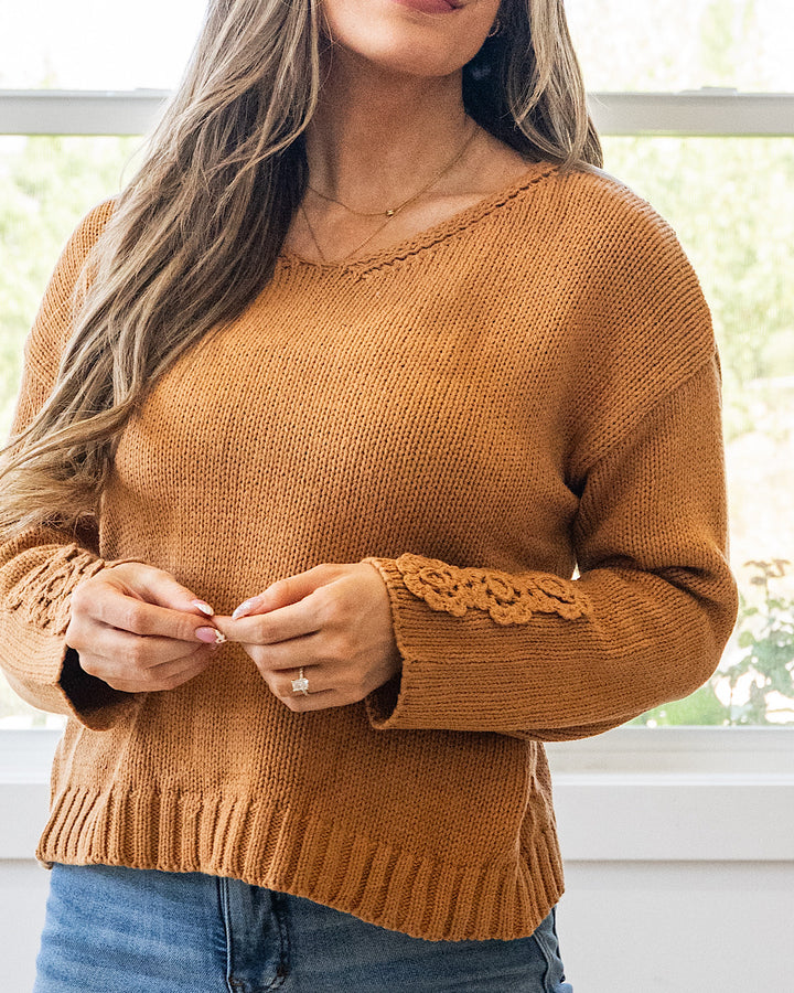NEW! Ella Crochet Sleeve Sweater - Camel