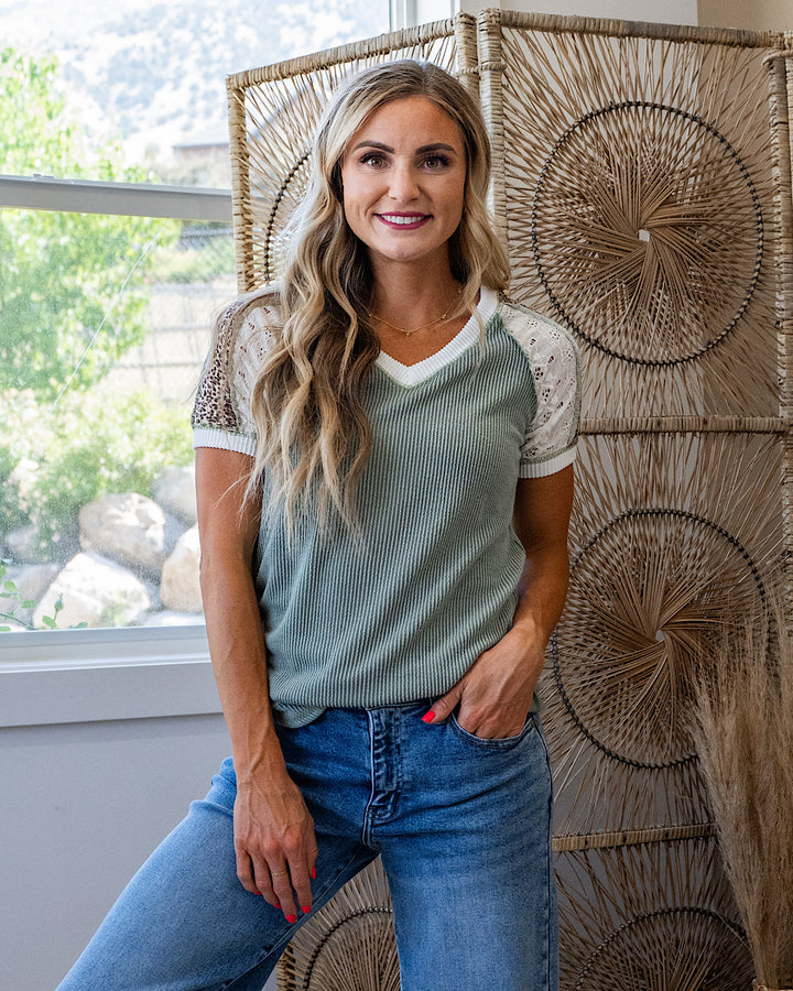 NEW! Angelica Mixed Fabric Corded Top - Light Olive 7th Ray