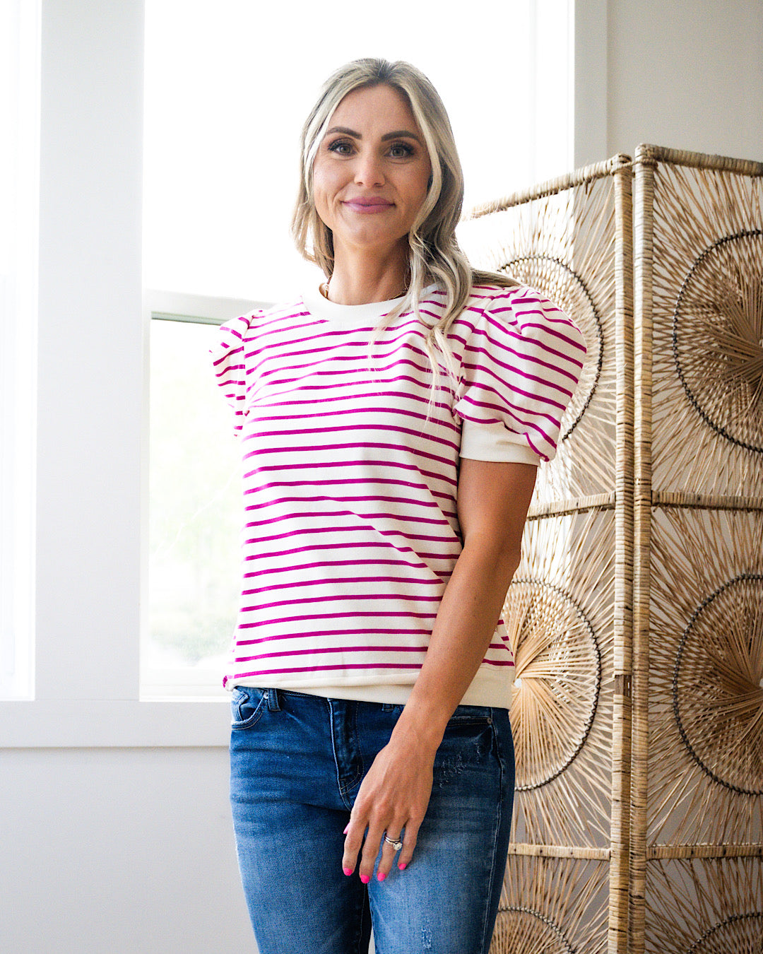 Carmen Striped Top with Puff Sleeves - Magenta  Bibi   