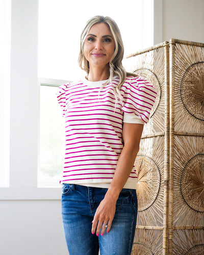 NEW! Carmen Striped Top with Puff Sleeves - Magenta  Bibi   
