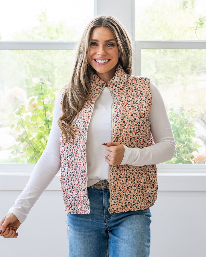 NEW! Juliana Floral Print Corduroy Vest - Cream & Pink
