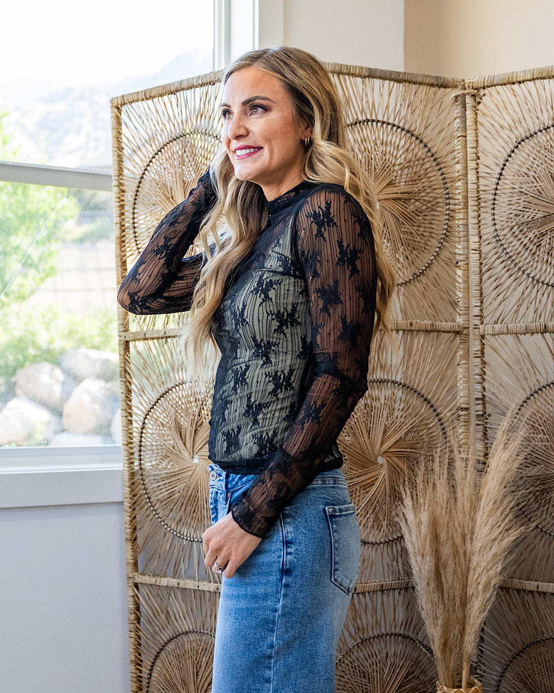 Aubrey Long Sleeve Lace Top - Black Stripe Very J