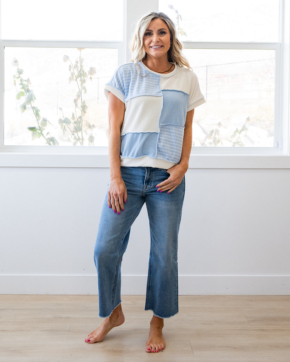 NEW! Harmony Gingham Color Block Corded Top - Light Blue Lovely Melody