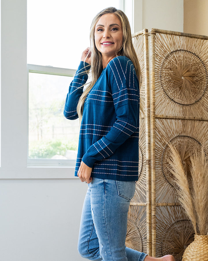 Shelly Stitch Striped Sweater - Dark Teal Staccato