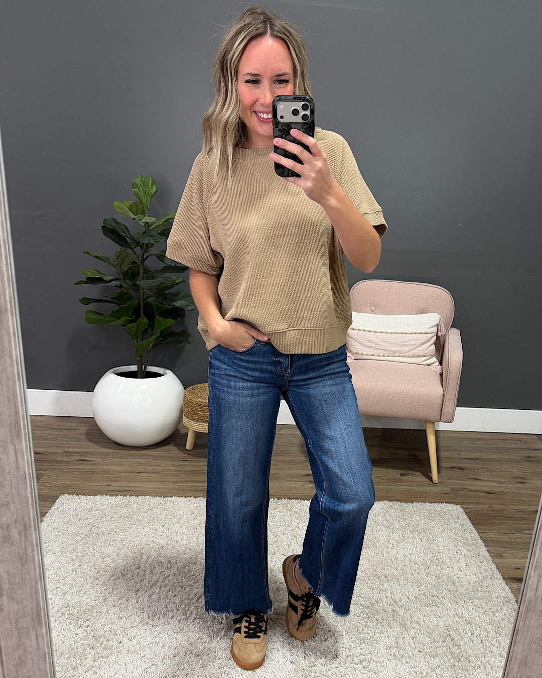 NEW! Malia Corded Banded Bottom Top - Taupe