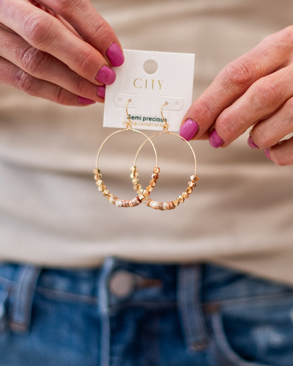 NEW! Gold Hoop Earrings with Semi Precious Natural Stones Trendy Wholesale