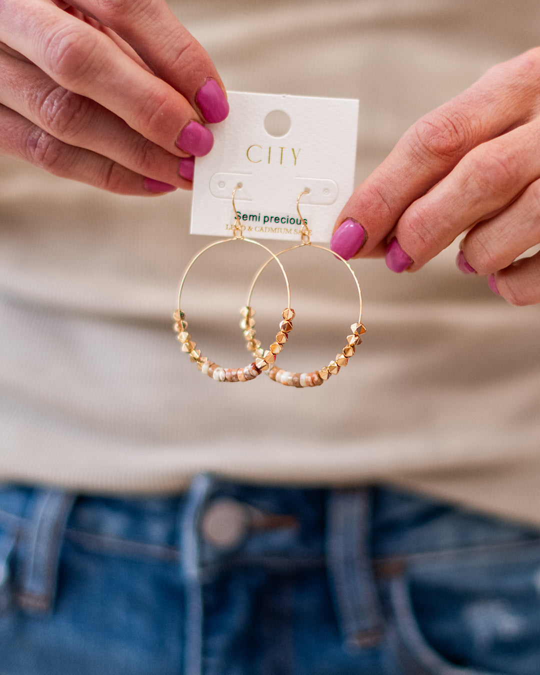 Gold Hoop Earrings with Semi Precious Natural Stones Trendy Wholesale