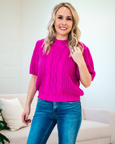NEW! Gia Cable Knit Short Sleeve Sweater - Magenta  Ces Femme   