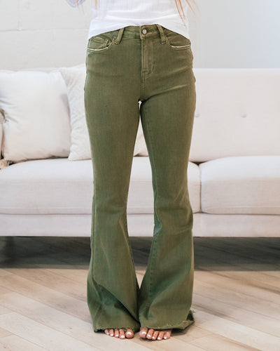 Vervet Devin Non Distressed Flare Jeans - Covert Green  Vervet   