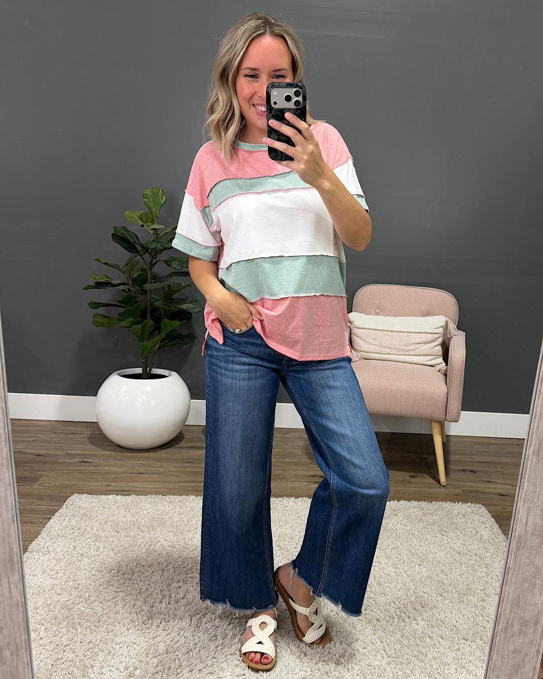 NEW! Savannah Color Block Top - Coral & Sage