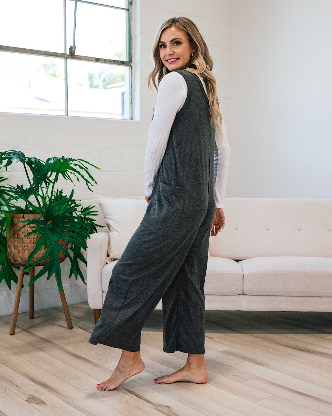 Charcoal Ribbed Jumpsuit  Lovely Melody   