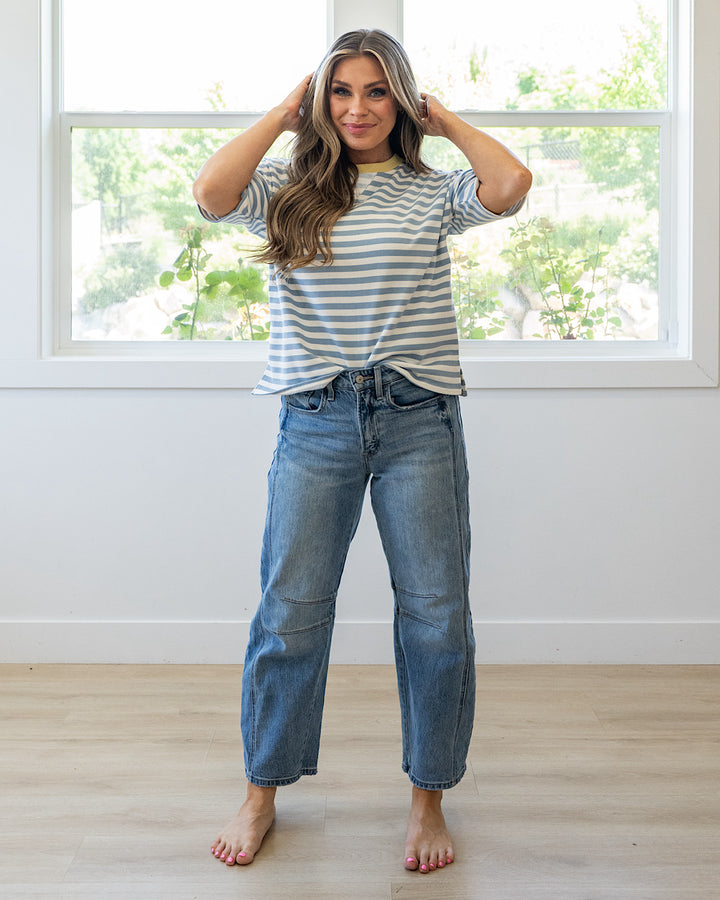 NEW! Hazel Contrast Striped Top - Dusty Blue & Yellow