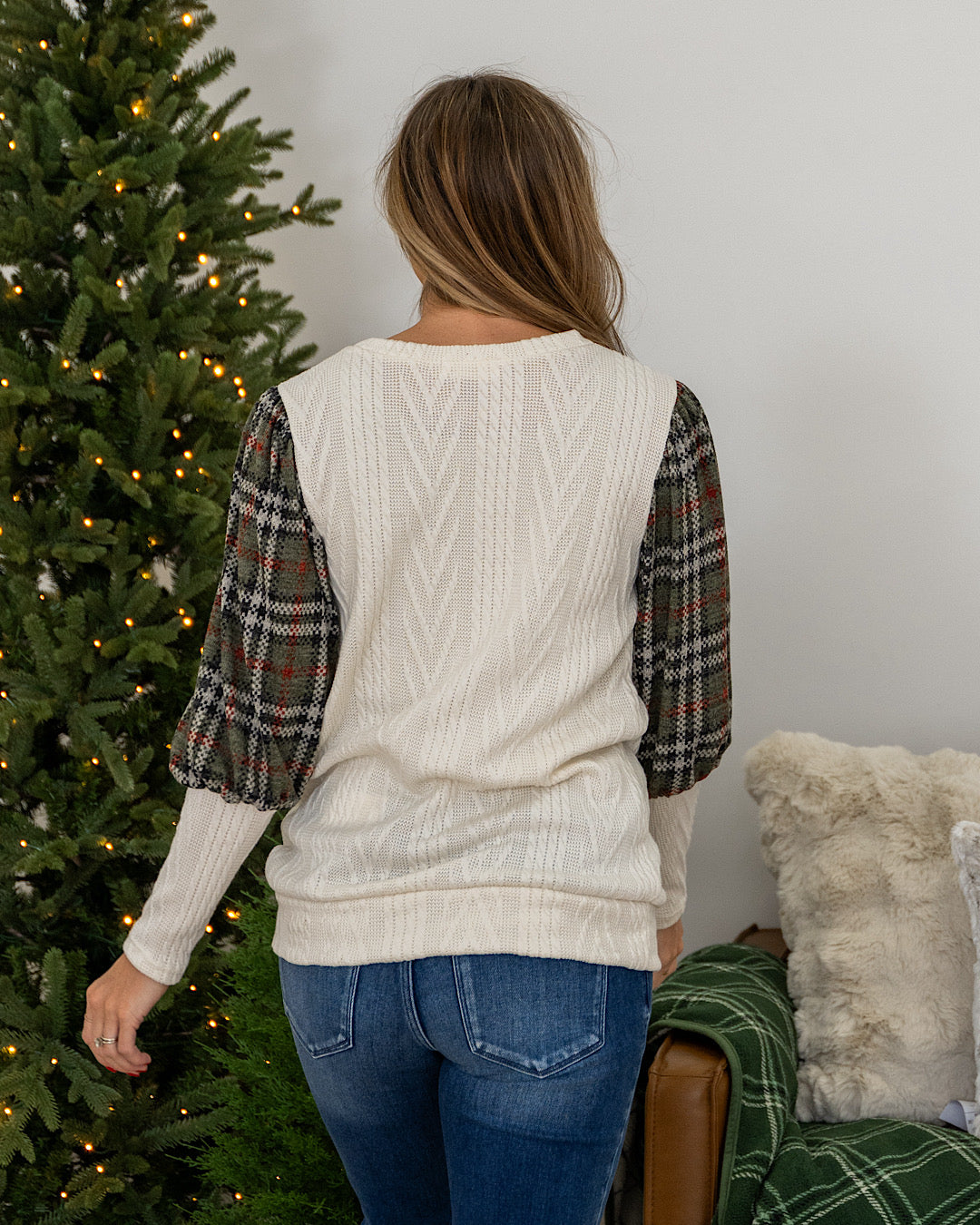 NEW! Chelsea Cable Knit & Plaid Color Block Top - Olive