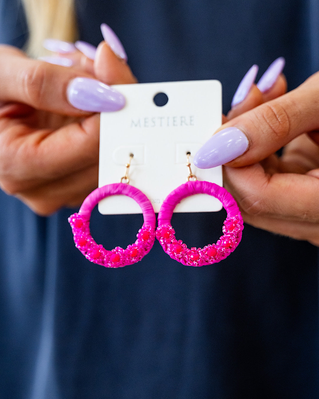 Wrapped Hoop Earrings with Beaded Flower Detail - Hot Pink  Crystals Trading Inc.   