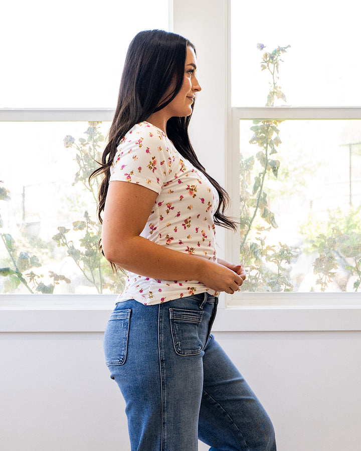 NEW! Reagan Floral Ribbed Top - Ivory & Pink