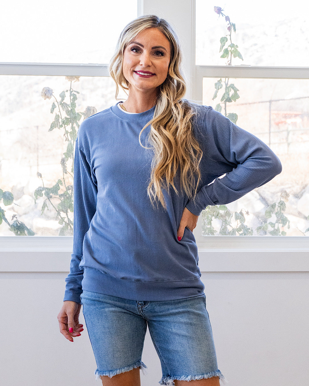 NEW! Mia Ribbed Crewneck Top - Denim Michelle Mae