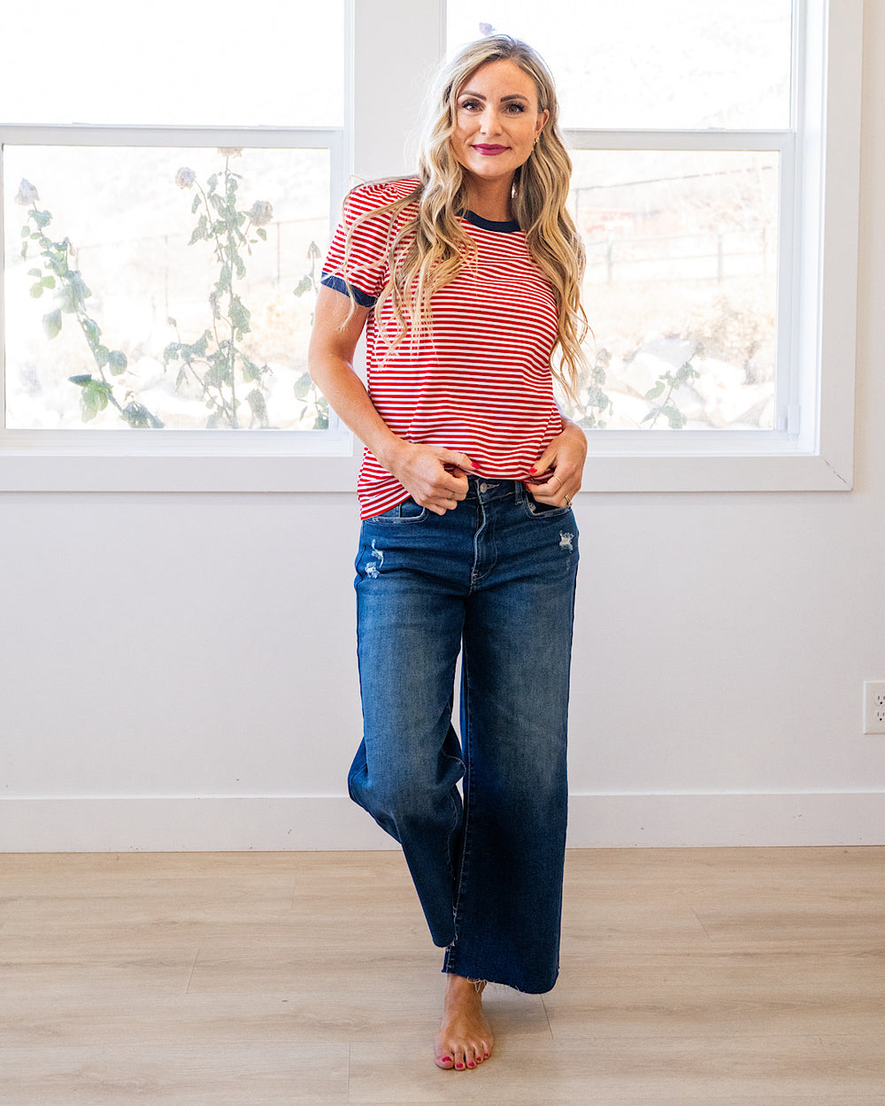 NEW! Mandy Puff Sleeve Striped Top - Red & Navy Staccato