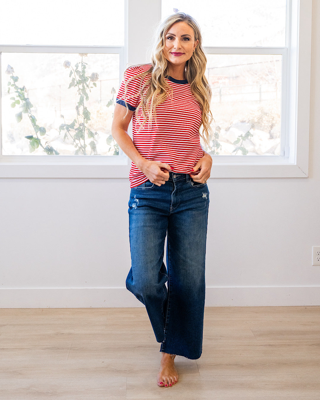 NEW! Mandy Puff Sleeve Striped Top - Red & Navy Staccato