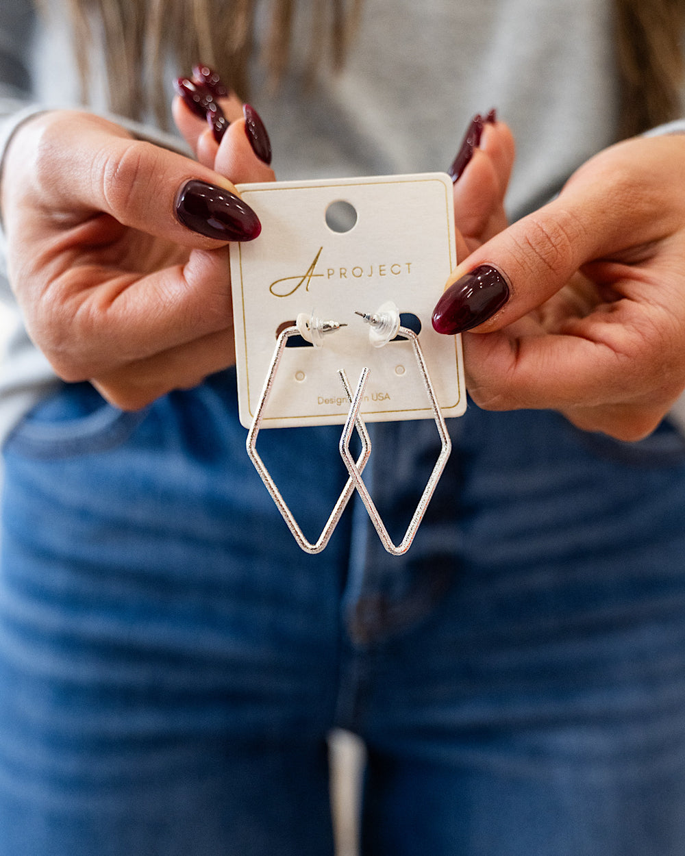 NEW! Textured Metal Diamond Shaped Earrings - Silver Trendy Wholesale