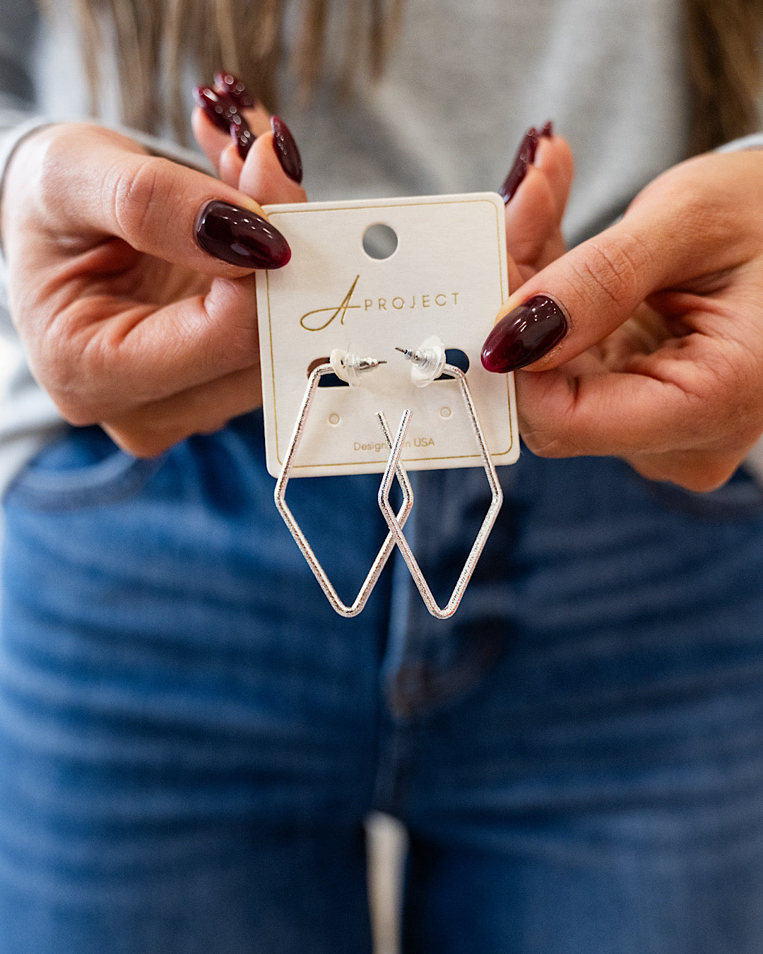 NEW! Textured Metal Diamond Shaped Earrings - Silver Trendy Wholesale