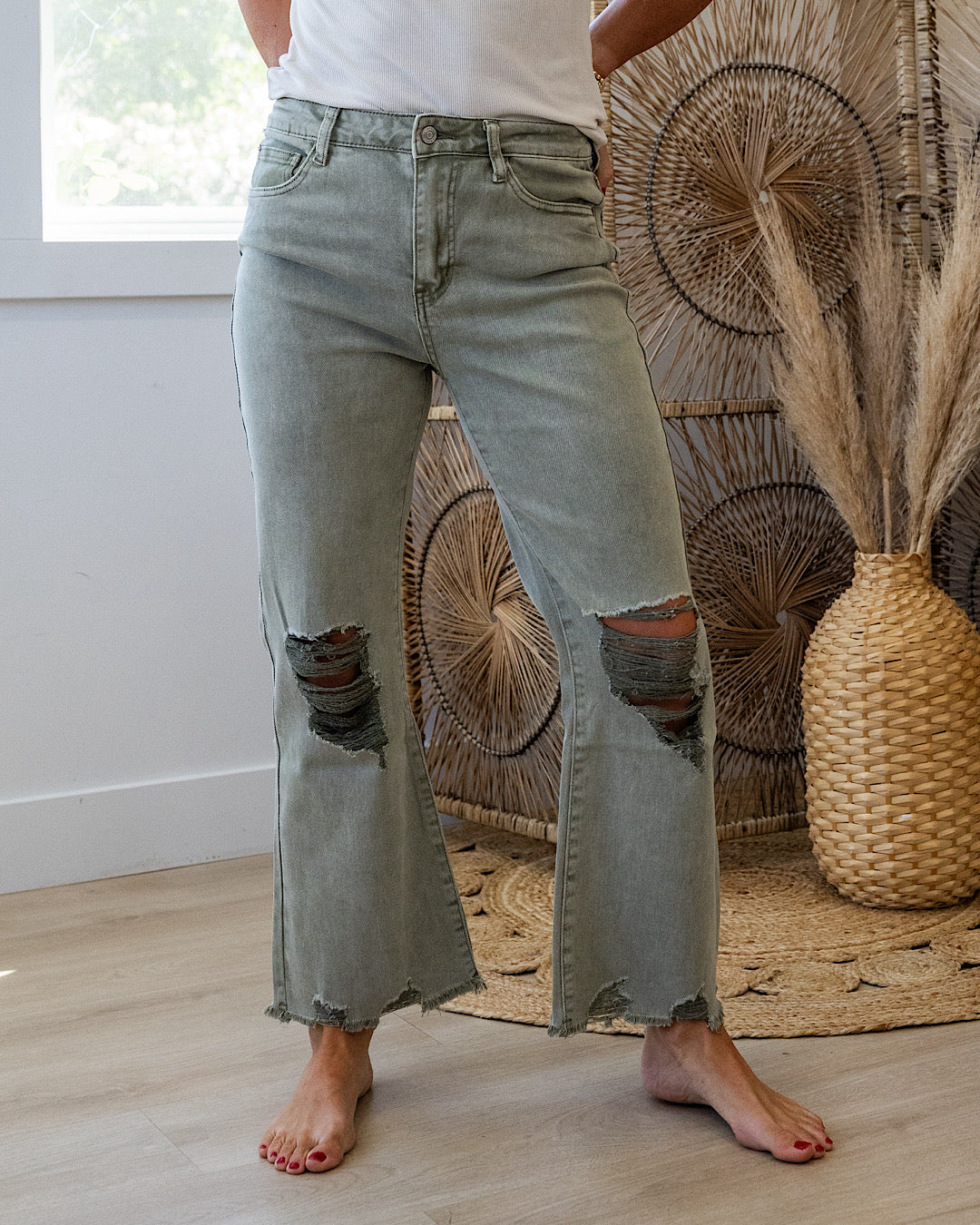 Gia Wide Leg Distressed Cropped Jeans - Color Options Available! Zenana Light Olive