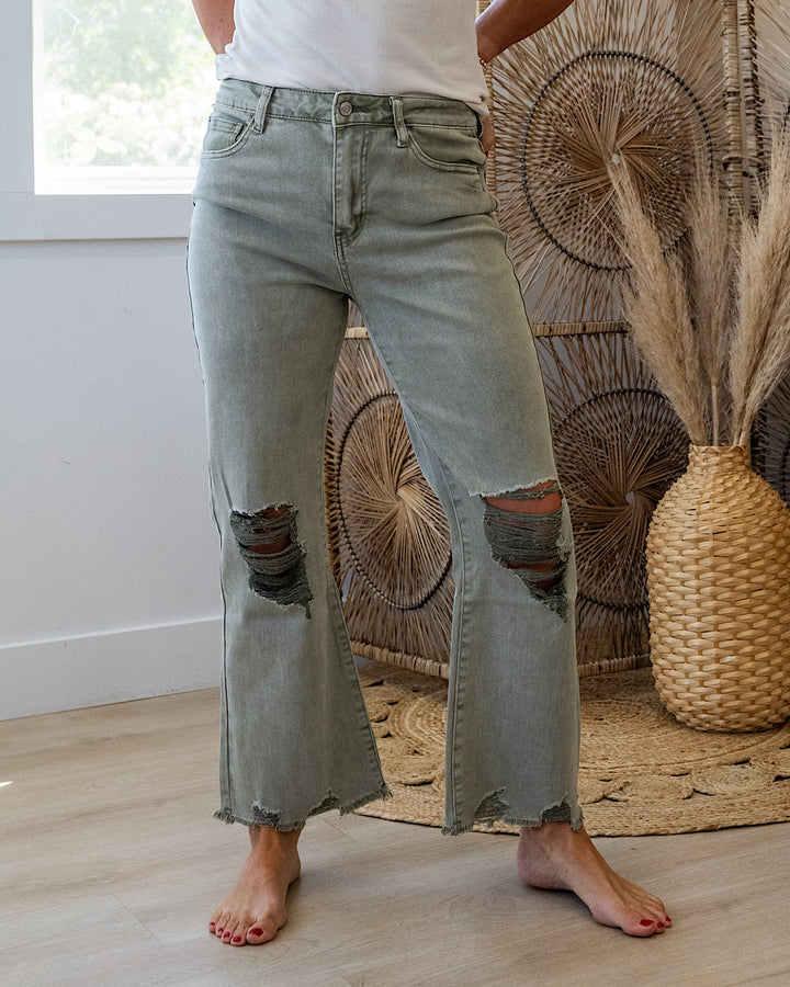 Gia Wide Leg Distressed Cropped Jeans - Color Options Available! Zenana Light Olive