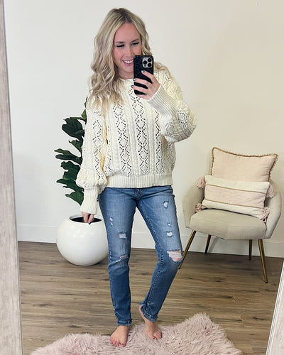 Cream Cable Open Knit Sweater  Ces Femme   