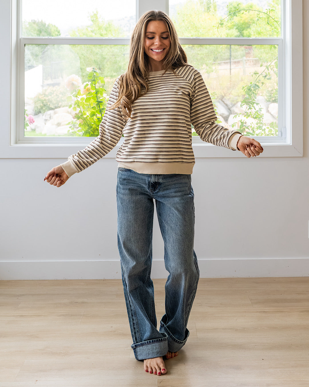 NEW! Jada Micro Brushed Striped Top - Ivory & Brown