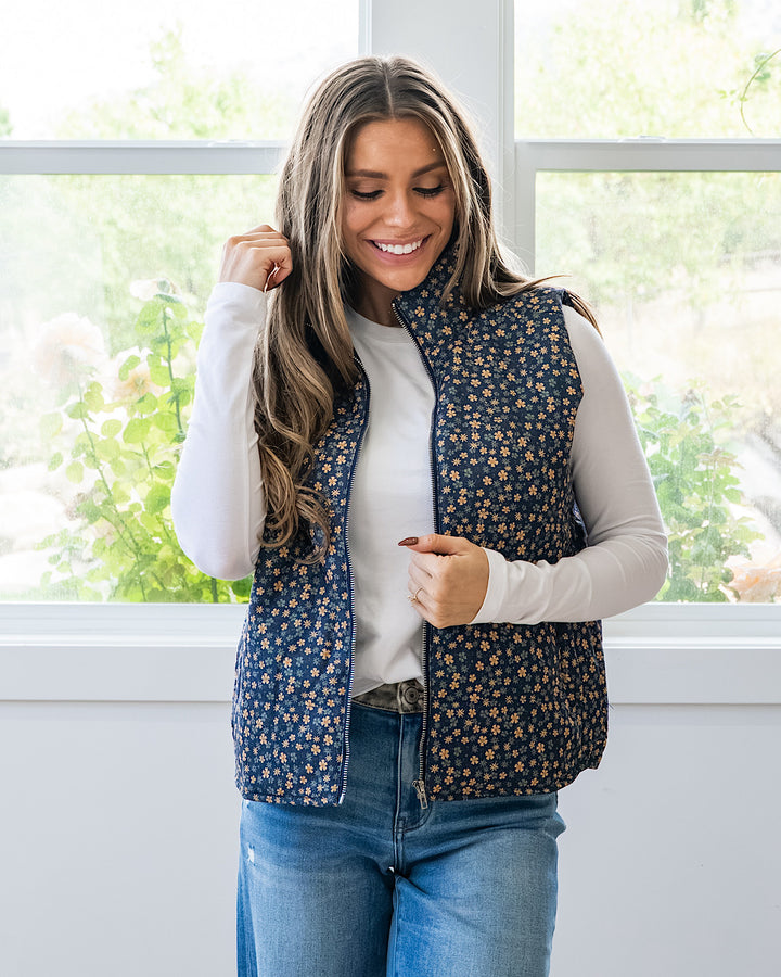 NEW! Juliana Floral Print Corduroy Vest - Navy & Gold