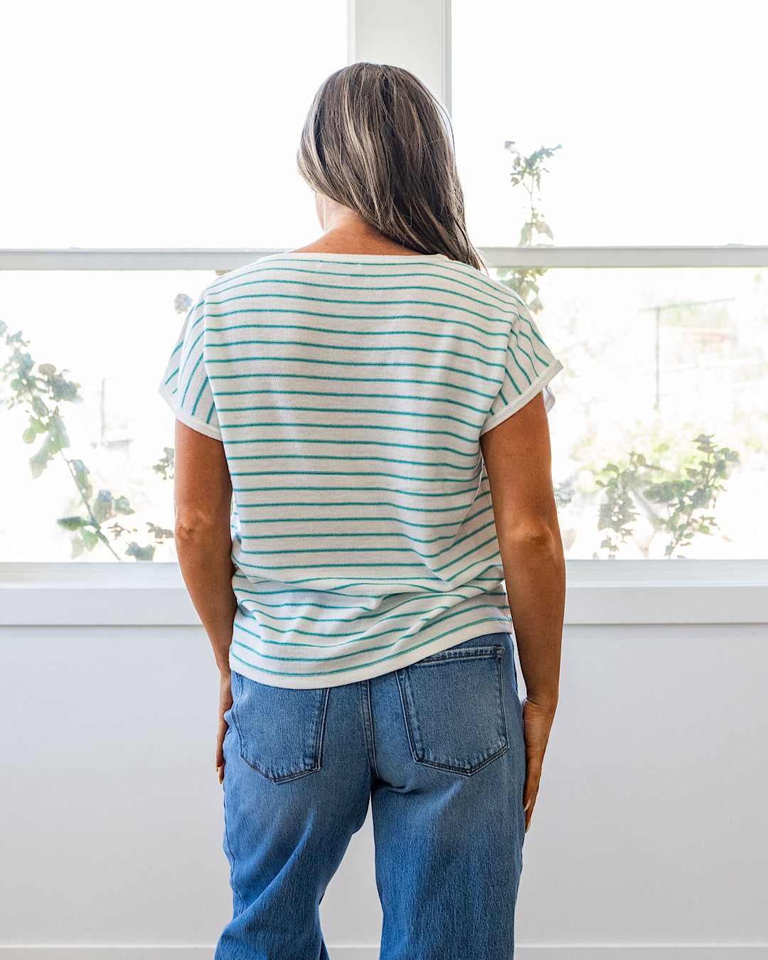 Candice Striped V Neck Sweater Top - Ivory & Green