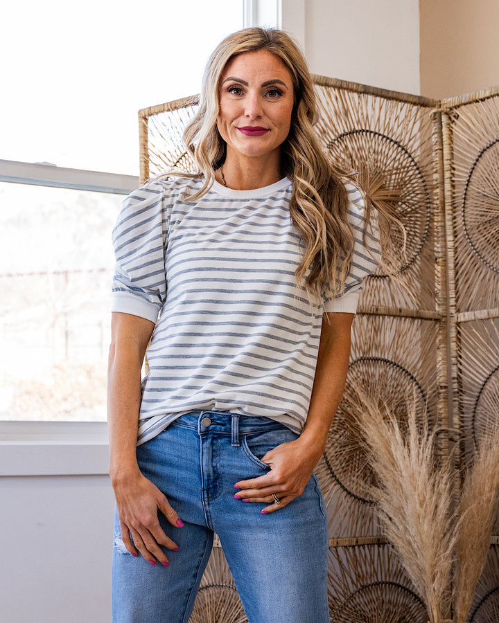 Hillary Striped Puff Sleeve Top - Color Options Available! Lovely Melody Heather Gray