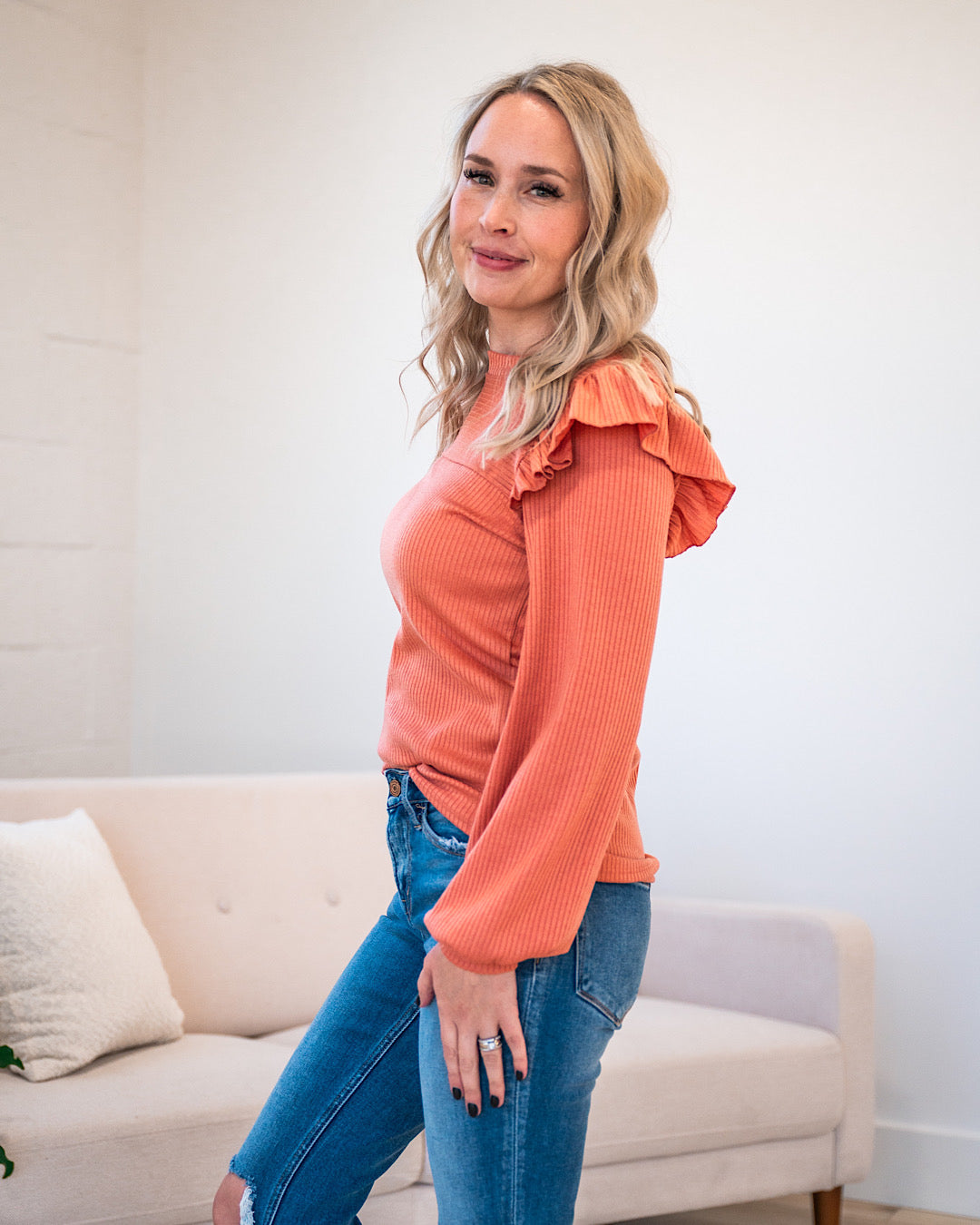 McKenna Ribbed Ruffle Shoulder Top - Rust FINAL SALE  Lovely Melody   
