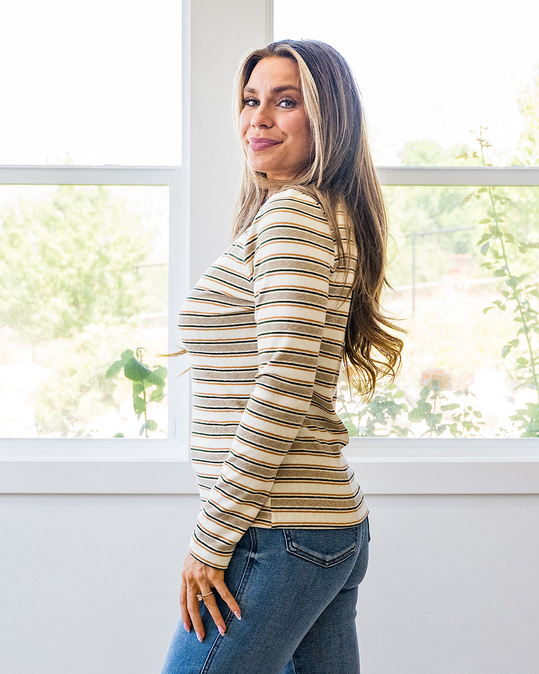 NEW! Alexa Multi Striped Top - Cream, Taupe & Olive Staccato