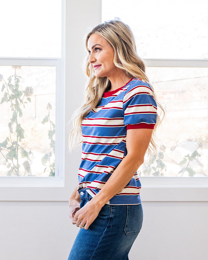 NEW! Shauna Contrast Striped Top - Denim & Burgundy Staccato