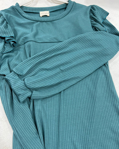McKenna Ribbed Ruffle Shoulder Top - Teal  Lovely Melody XLarge (Slight Defect - FINAL SALE)  