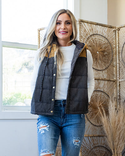 Joey Color Block Puffer Vest - Charcoal & Dijon  Hem & Thread   