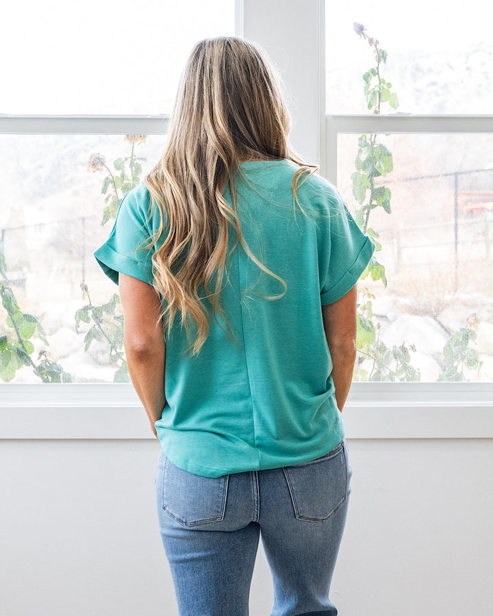 NEW! Melissa Roll Sleeve Top - Mint Staccato