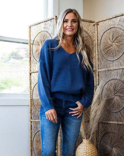 NEW! Evie Oversized Textured V Neck Sweater - Azurite Blue  Heyson   