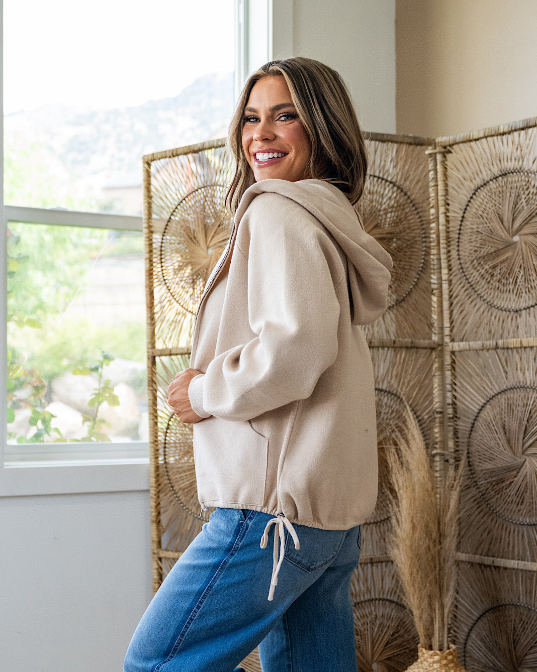 NEW! Brynn Drawstring Hem Zip Up Sweater Hoodie - Oatmeal Staccato
