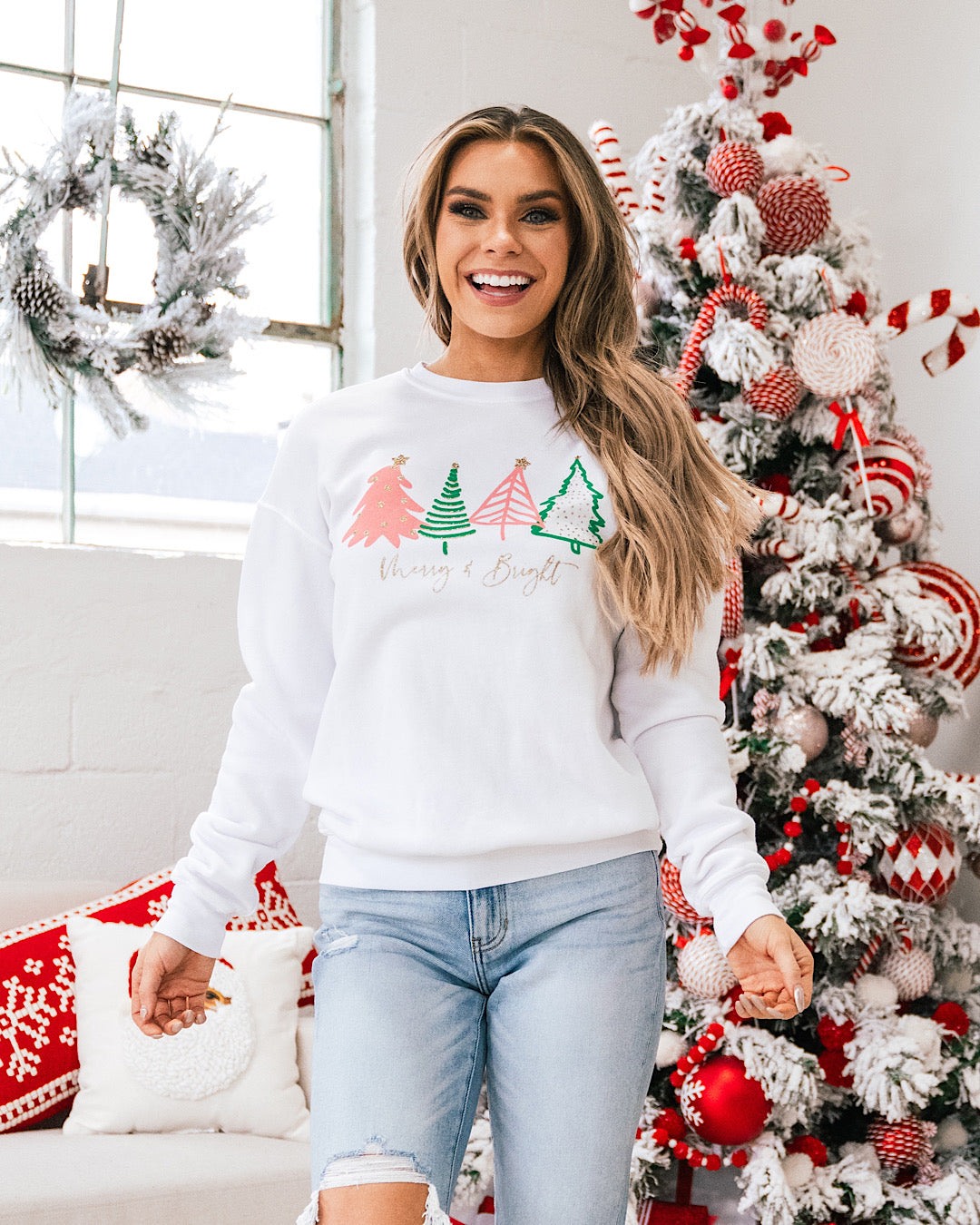 NEW! Merry & Bright Christmas Tree Ivory Sweatshirt  HRT&LUV   