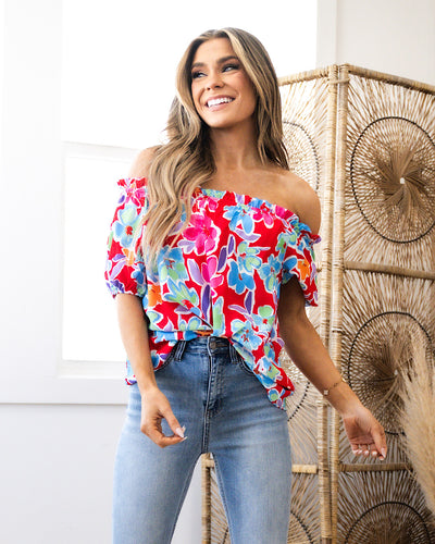 NEW! Bailey Red Floral Gathered Neck Top  First Love   