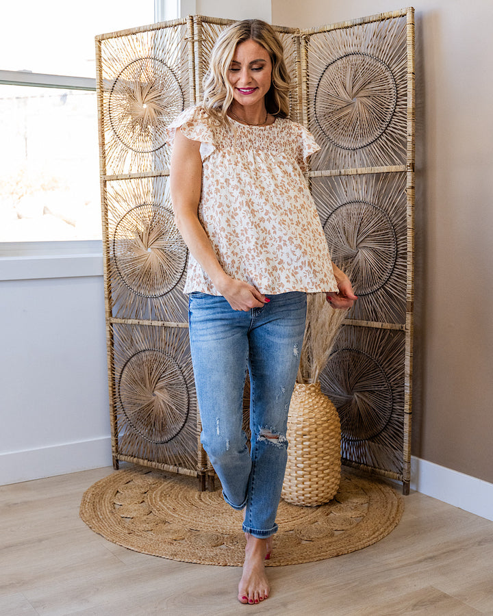 Cambree Smocked Baby Doll Top - Taupe Staccato